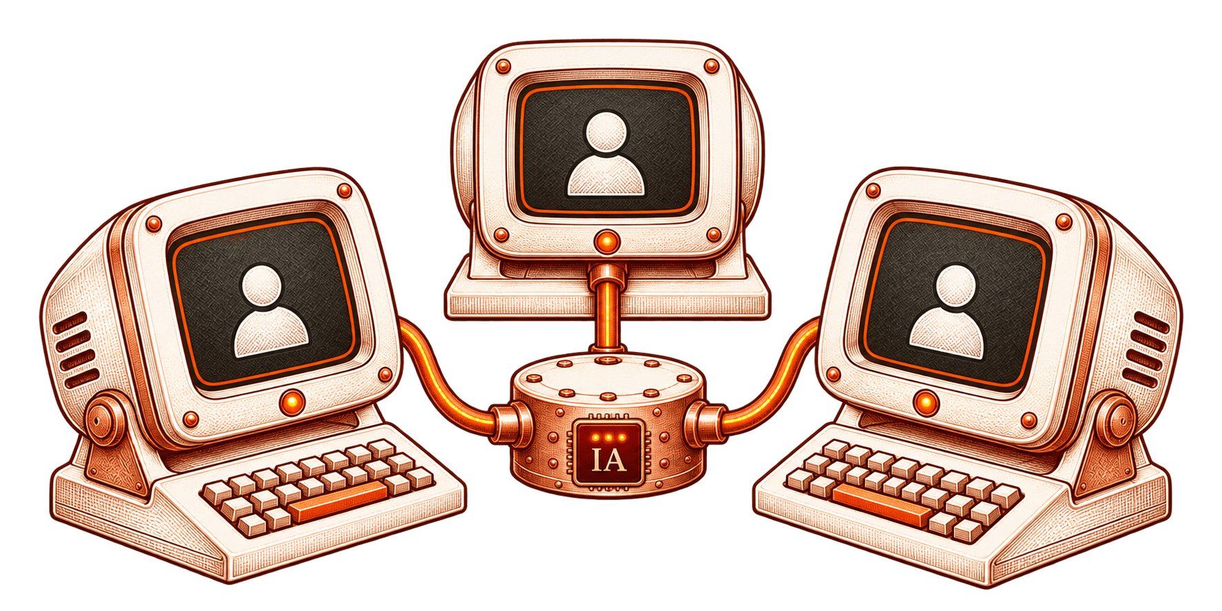 Três computadores com pessoas nas telas, conectados a um núcleo de IA que envia pulsos de luz pela rede.