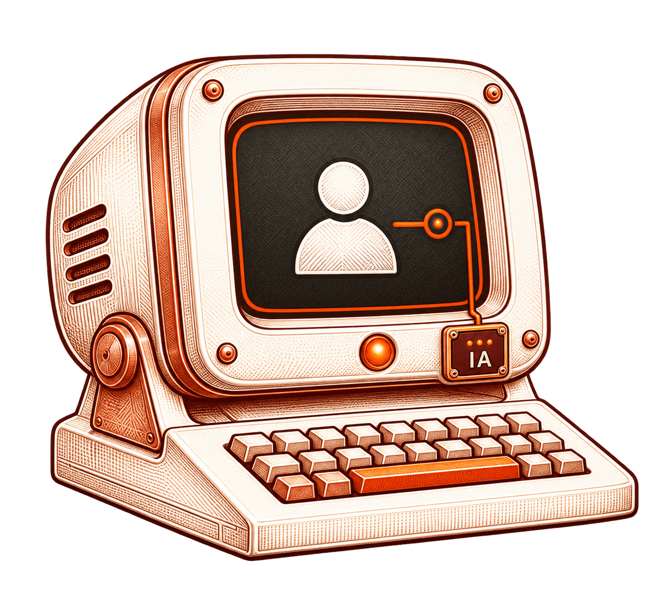 Um computador com uma pessoa na tela e um chip de IA que pulsa e ilumina a conexão até ela.